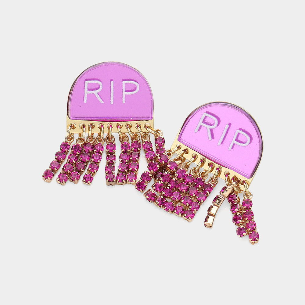 Purple Rhinestone Fringe Resin RIP Message Tomb Earrings