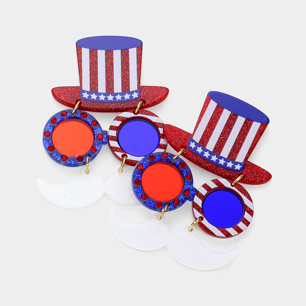 Madeline Love Multi Glittered Resin American USA Flag Hat Sunglasses Dangle Earrings