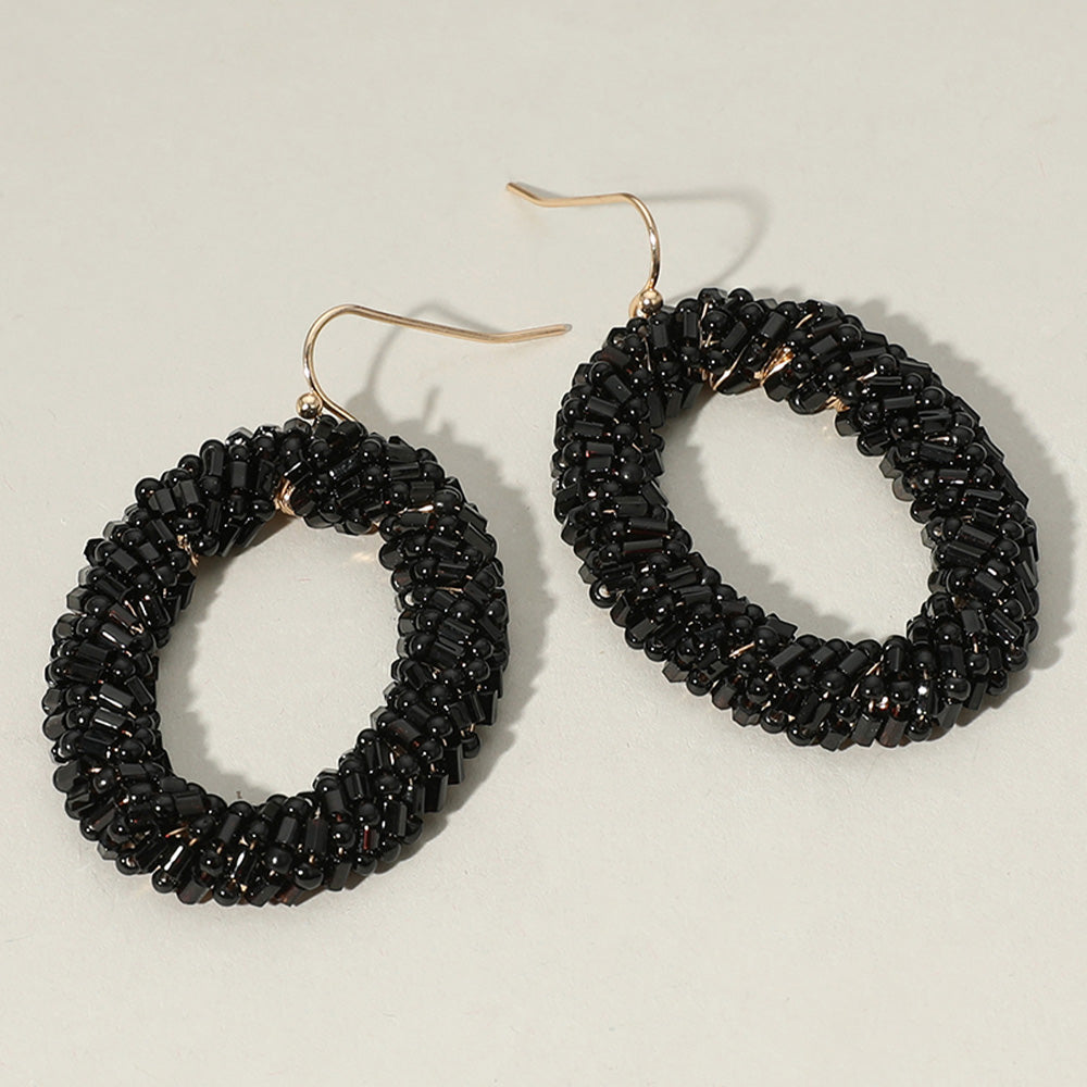 Madeline Love Black, Gold Seed Beaded Oval Ring Dangle Earrings