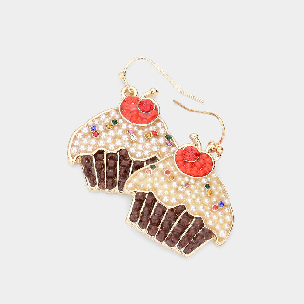 Madeline Love Gold, Multi Pearl Seed Beaded Cupcake Dangle Earrings