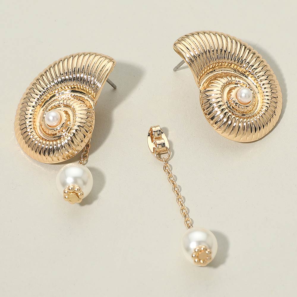 Madeline Love Cream, Gold Bold Textured Metal Nautilus Shell Pearl Drop Earrings - desc