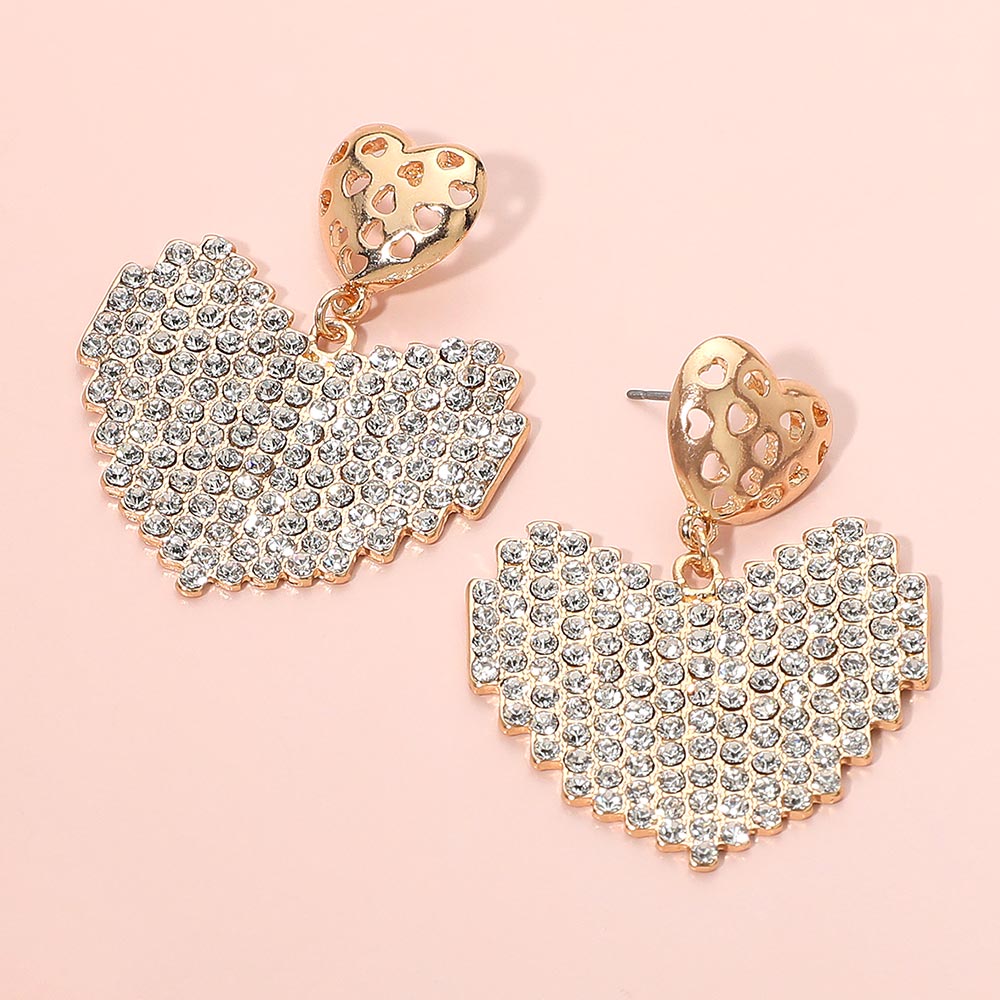 Madeline Love Gold, White Rhinestone Paved Heart Drop Dangle Earrings