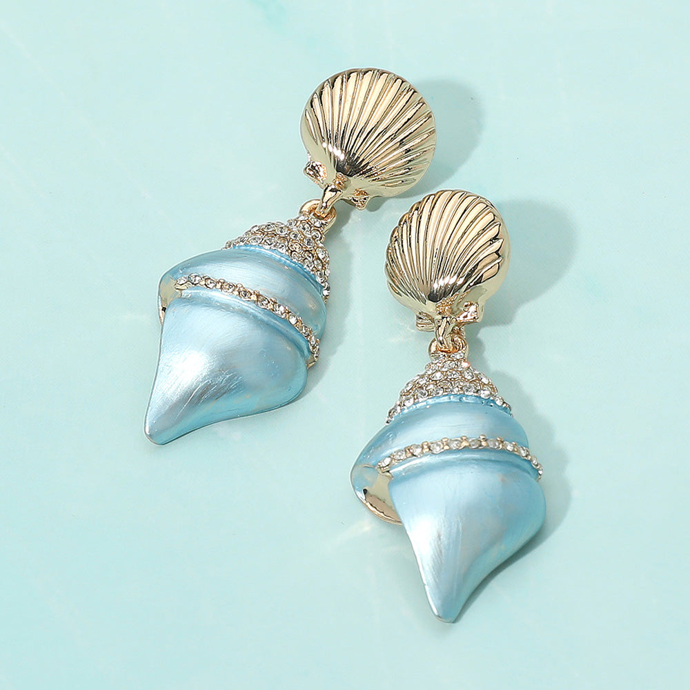 Madeline Love Blue, Gold Gold Dipped Stone Paved Pearly Conch Shell Dangle Statement Earrings