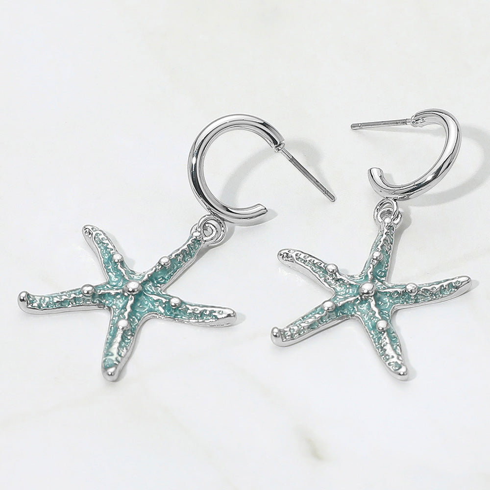 Madeline Love Rhodium, Turquoise Silver Dipped Enamel Starfish Dangle Earrings
