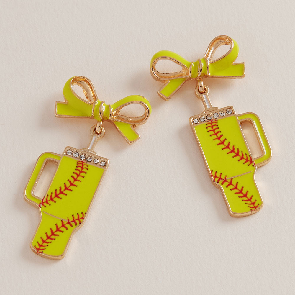 Madeline Love Yellow Bow Softball Themed Tumbler Dangle Earrings
