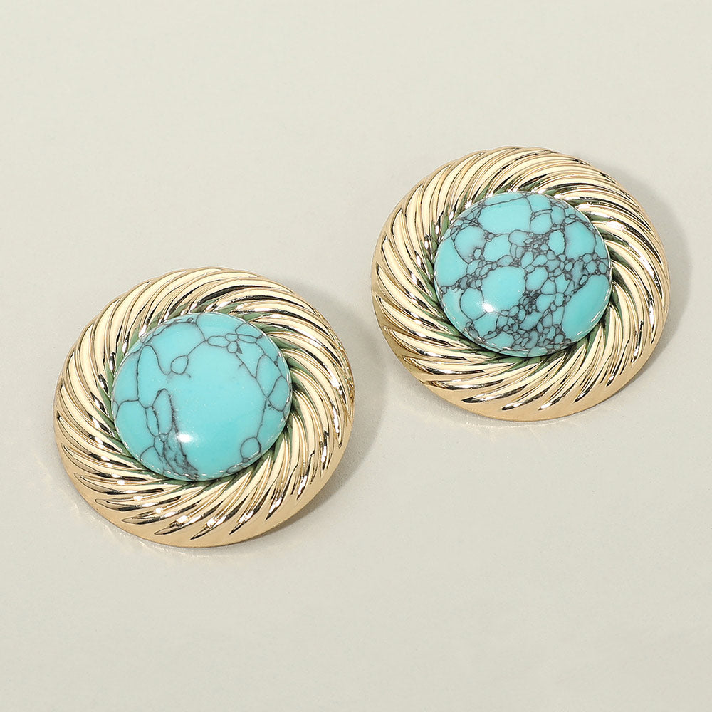 Madeline Love Gold, Turquoise Bold Turquoise Stone Center Metal Swirl Rim Statement Earrings