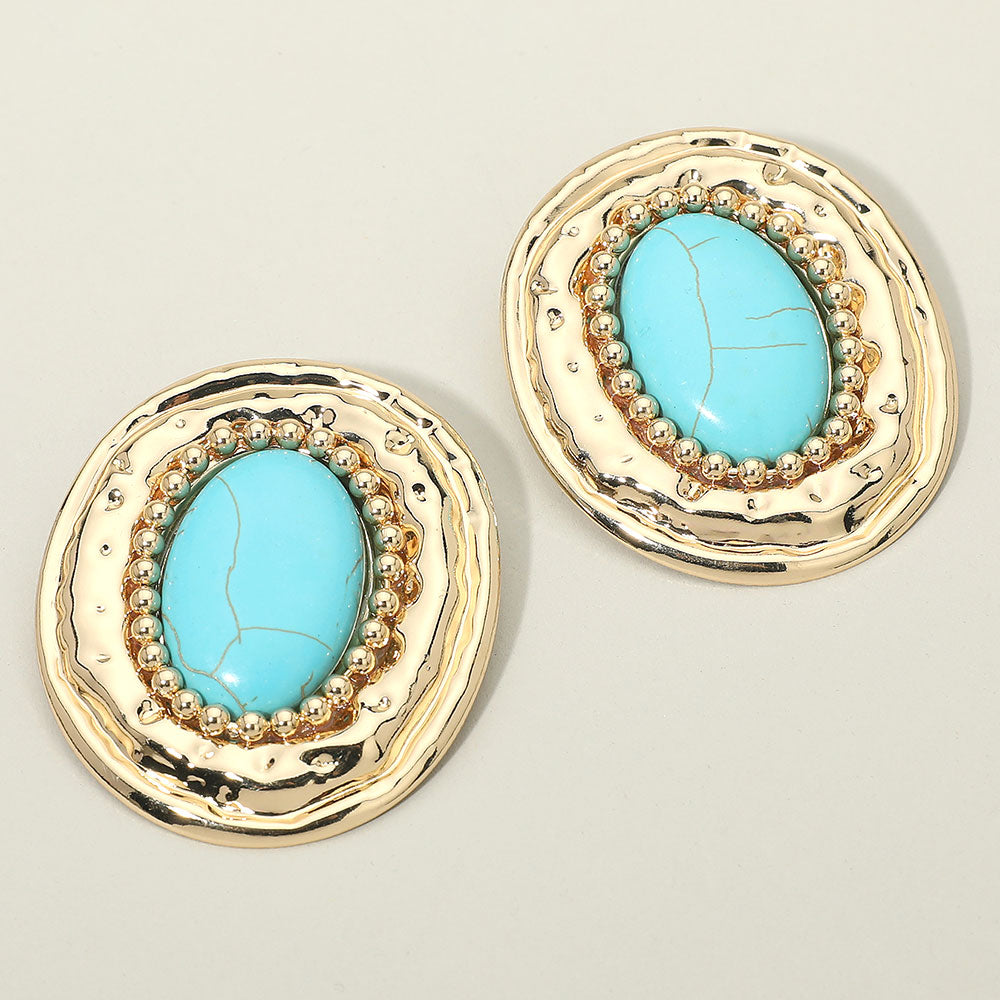 Madeline Love Gold, Turquoise Bold Western Oval Turquoise Stone Center Beaded Frame Statement Earrings