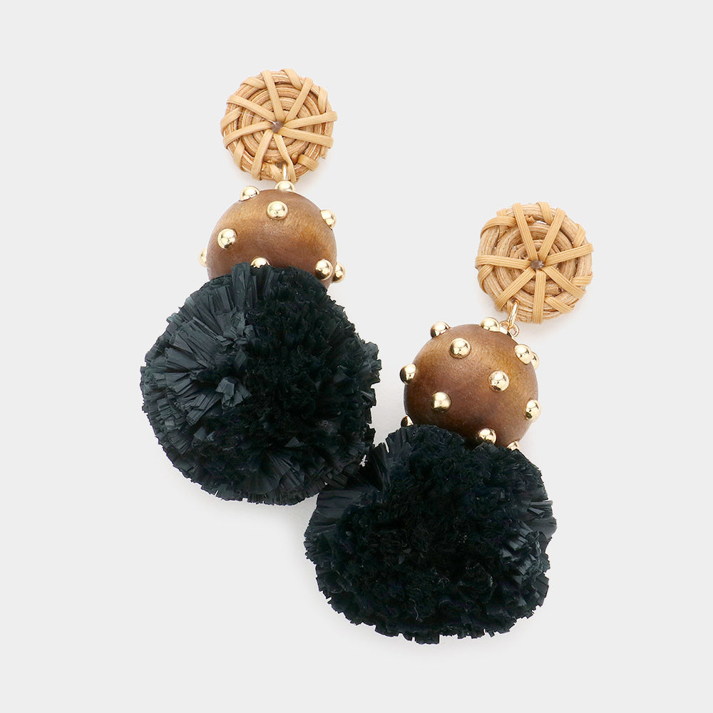 Madeline Love Black Wood Raffia Ball Dangle Earrings