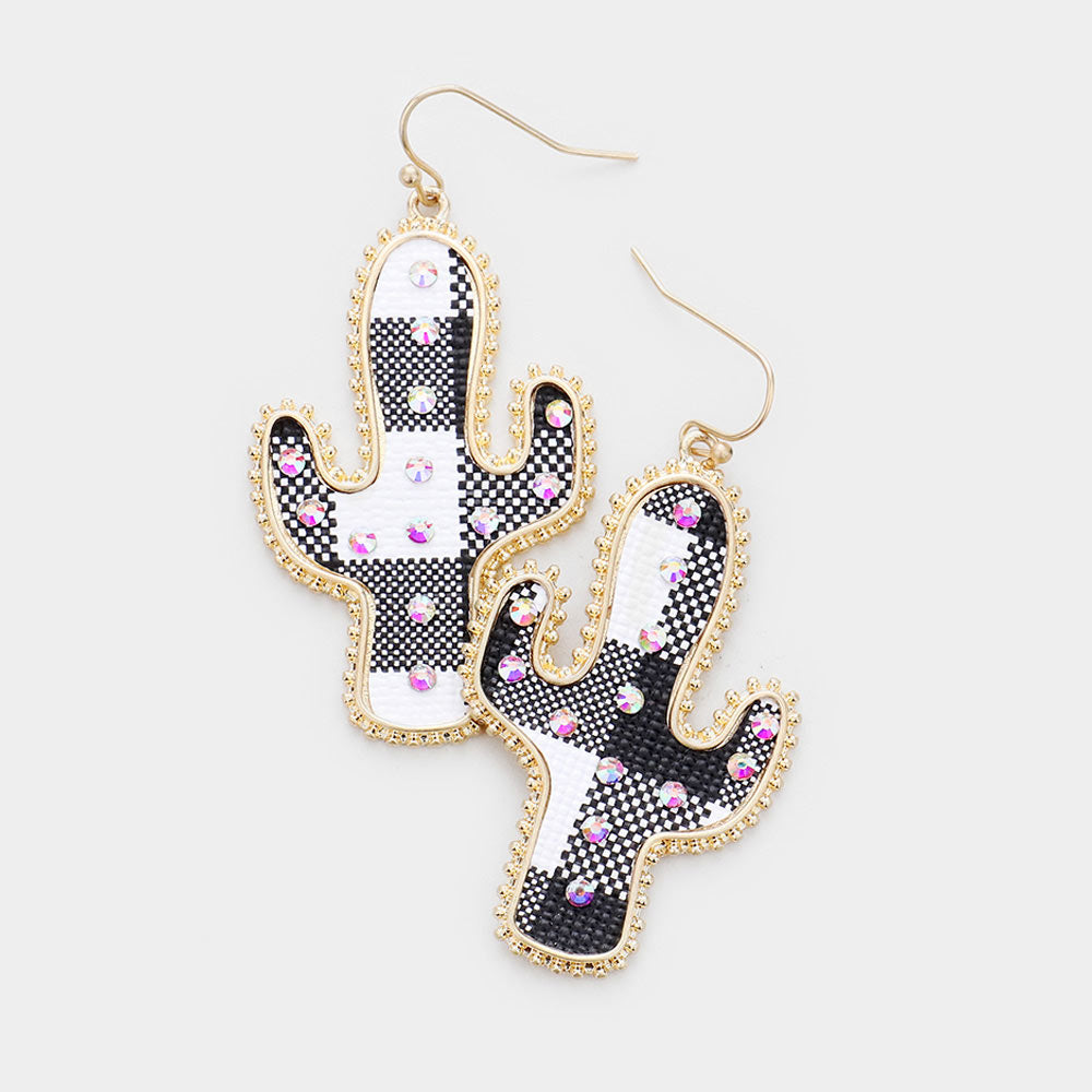Madeline Love Black, White, Worn Gold Buffalo Check Plaid Pattern Rhinestone Cactus Earrings