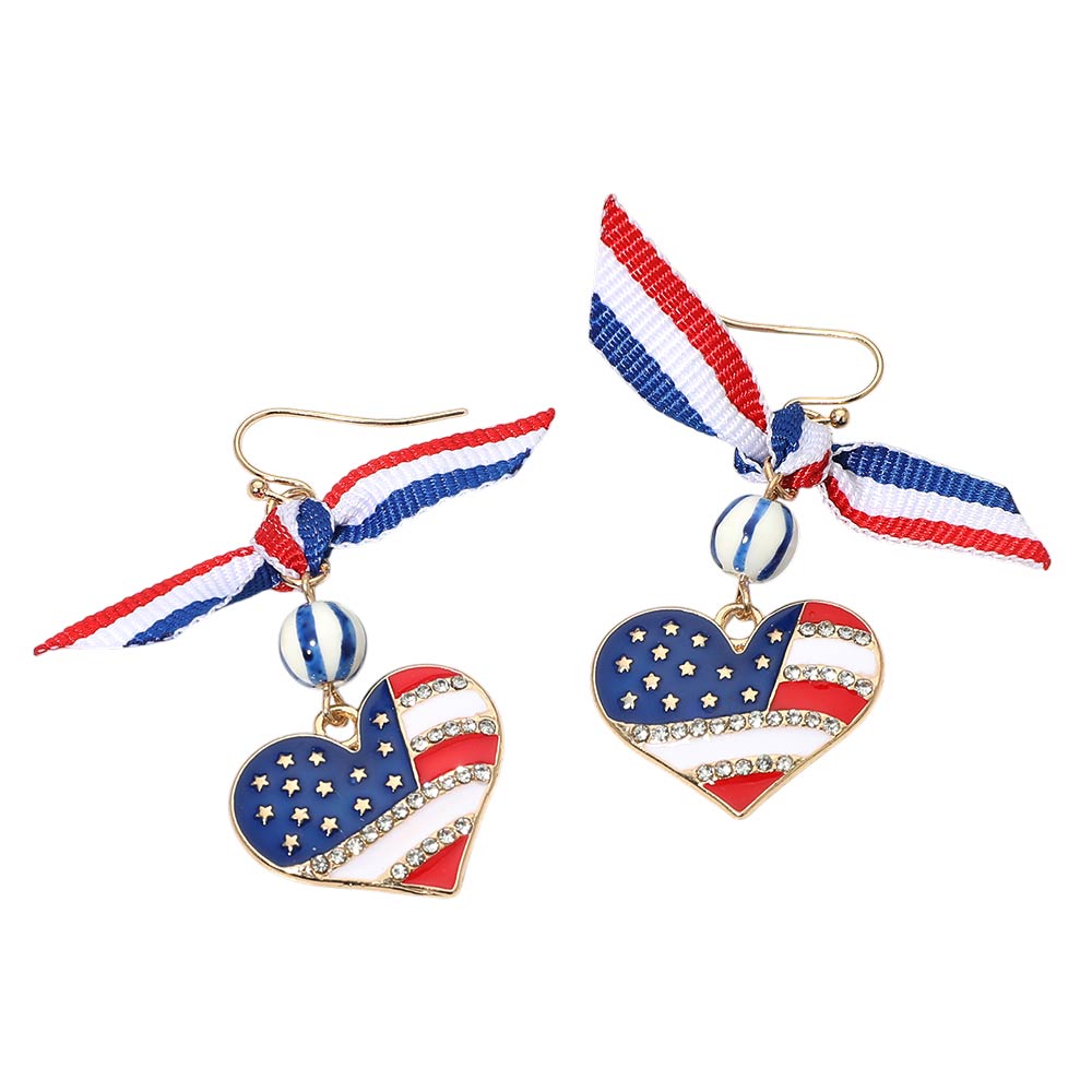 Madeline Love Gold, Multi American USA Bow Heart Flag Link Drop Earrings - desc