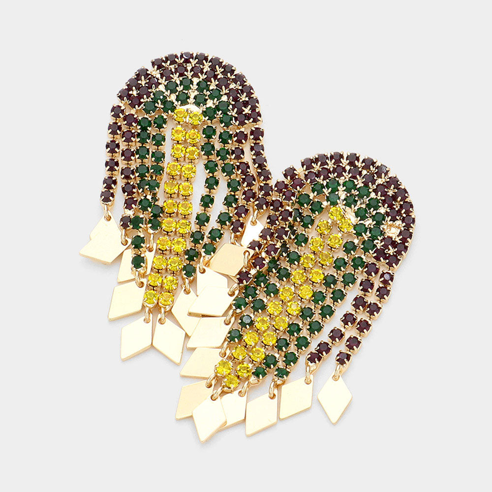 Multi Mardi Gras Metal Rhombus Tip Rhinestone Half Moon Fringe Earrings