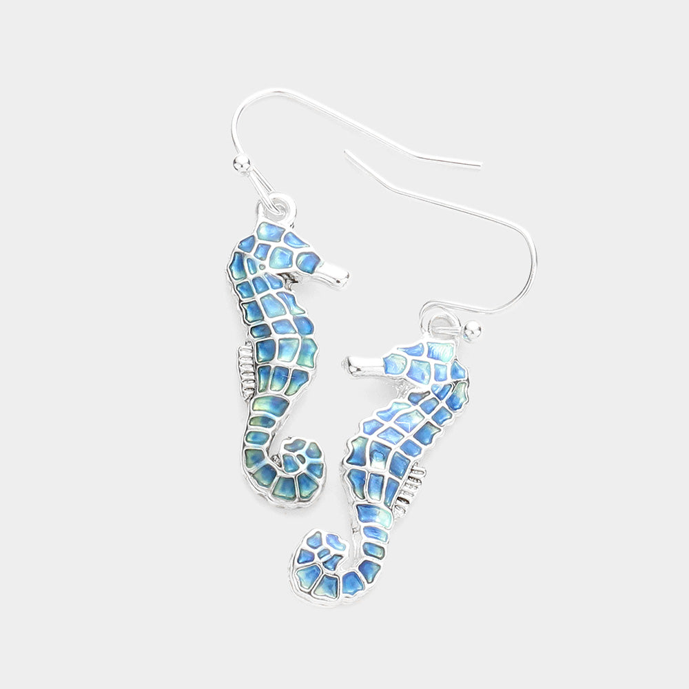Madeline Love Antique Silver, Blue Enamel Metal Seahorse Dangle Earrings