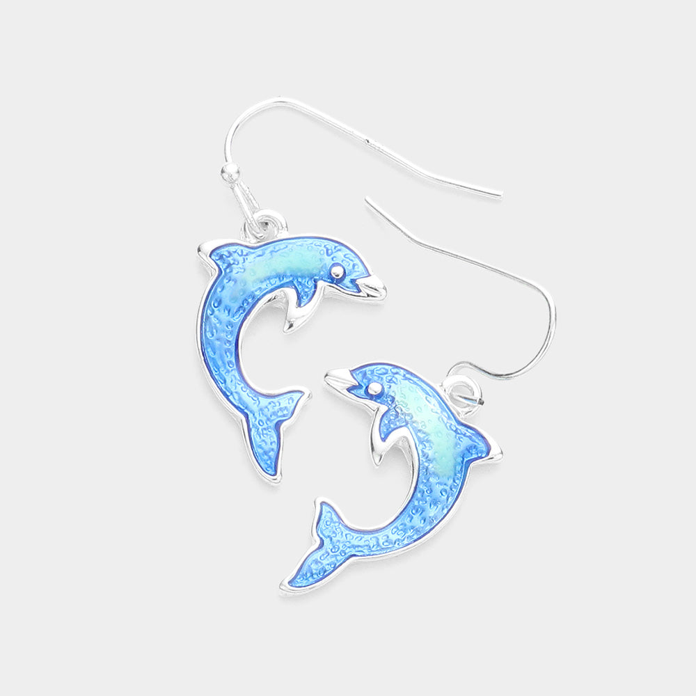 Blue, Silver Enamel Metal Dolphin Dangle Earrings