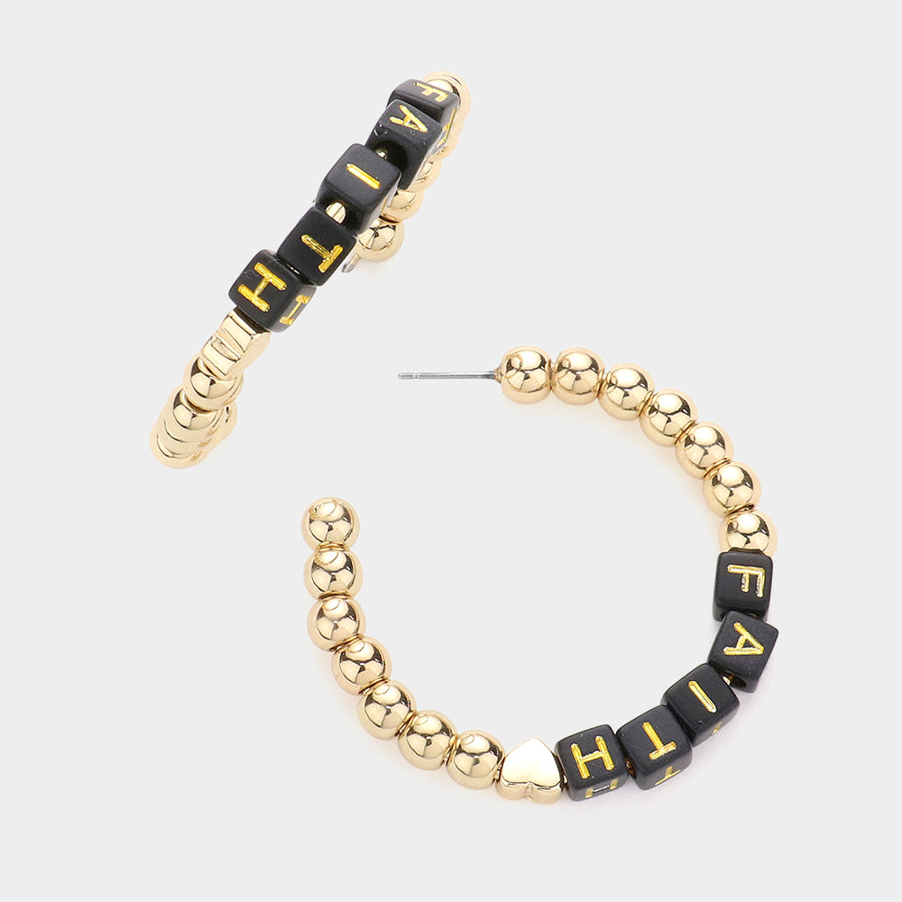 Madeline Love Black FAITH Metal Ball Half Hoop Message Earrings