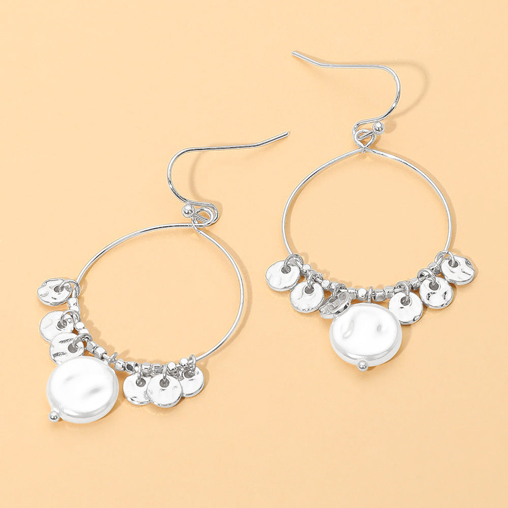 Madeline Love Cream, Rhodium Metal Disc Pearl Charm Drop Hoop Dangle Earrings