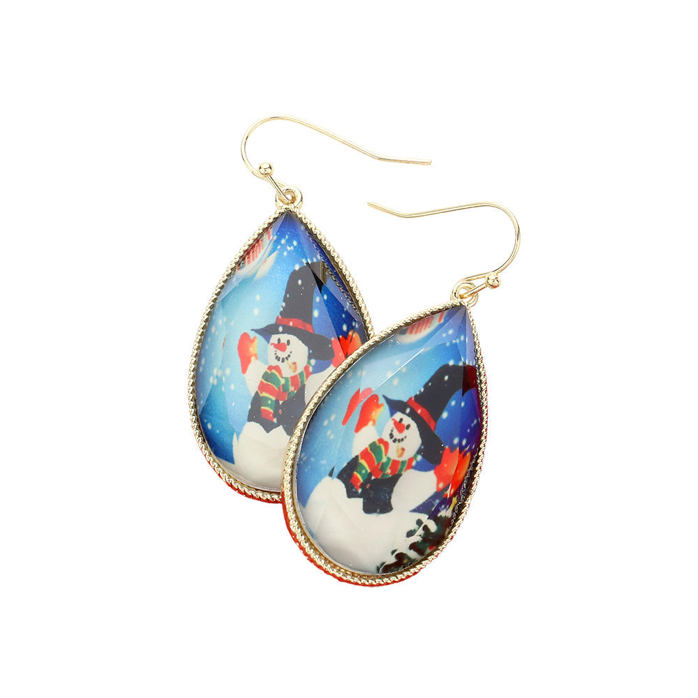 Gold, Snowman Printed Teardrop Dangle Earrings
