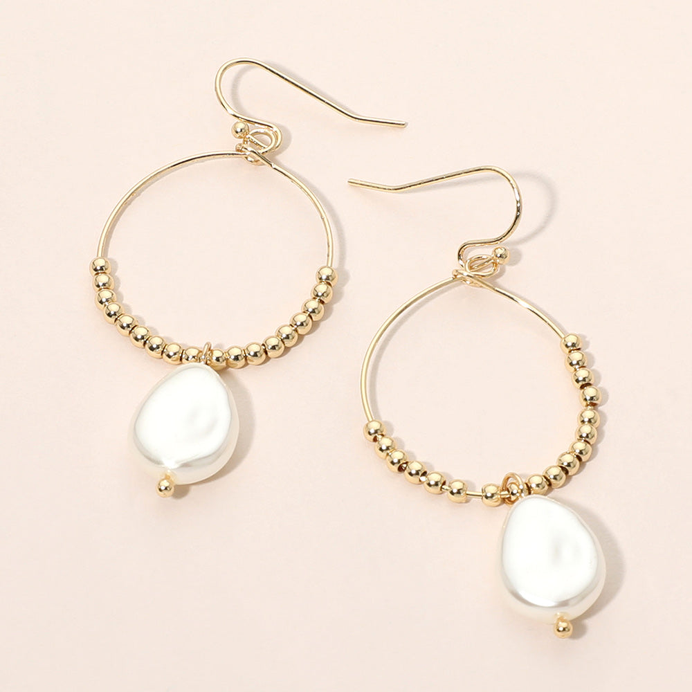 Madeline Love Cream, Gold Pearl Drop Beaded Circle Earrings