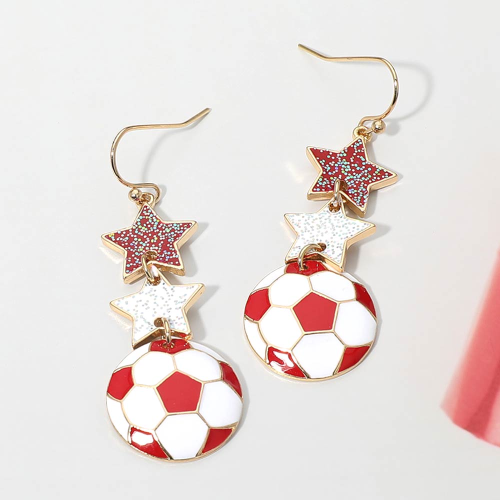 Madeline Love Red, White Canada Glittered Double Star Soccer Ball Drop Earrings