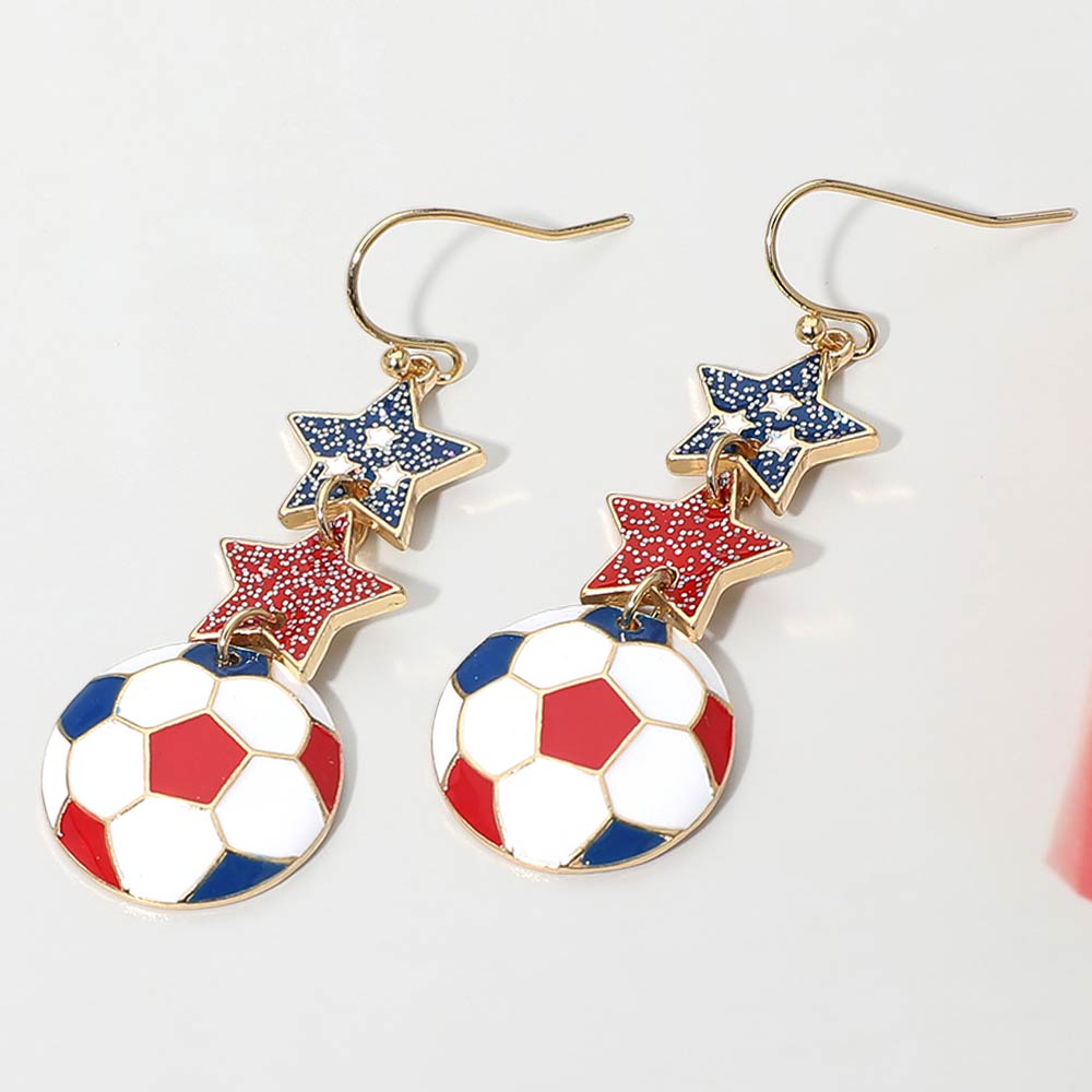 Madeline Love Blue, Red, White USA Glittered Double Star Soccer Ball Drop Earrings