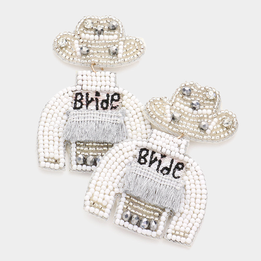 Madeline Love Silver Bride Message Felt Back Tassel Beaded Hat Clothes Dangle Earrings