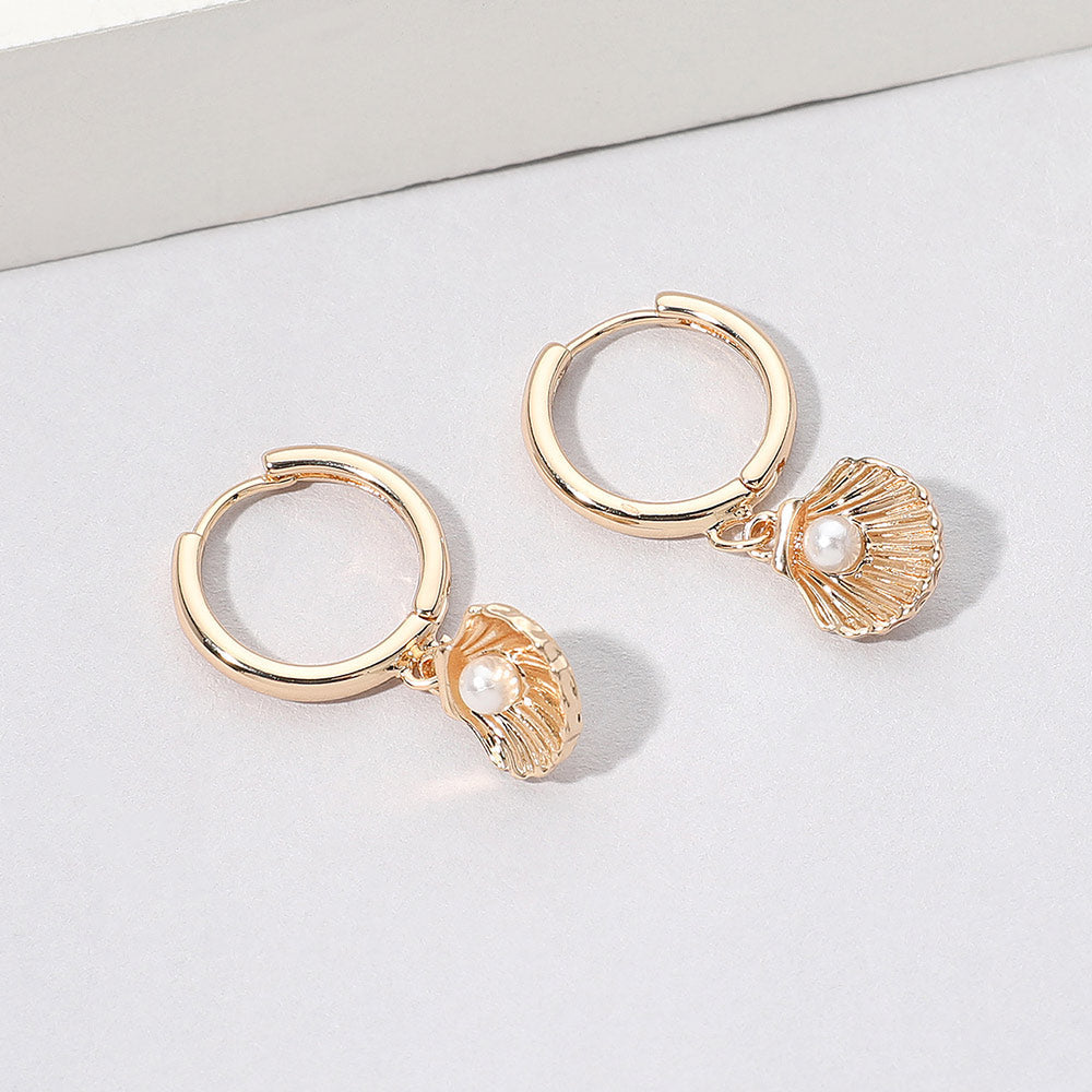 Madeline Love Cream, Gold Pearl Point Metal Sea Shell Dangle Mini Huggie Hoop Earrings