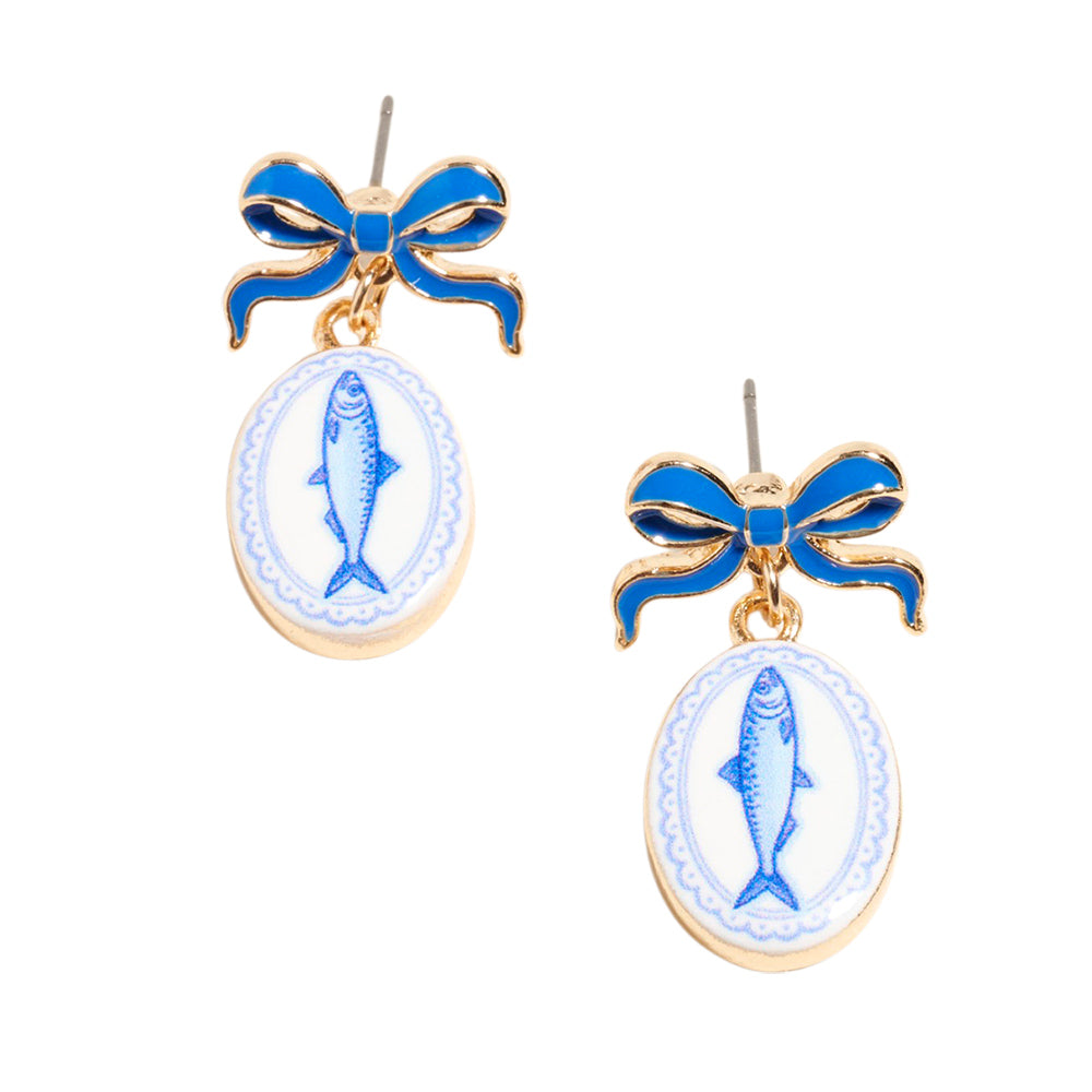 Madeline Love Blue Bow Fish Print Oval Frame Drop Earrings - desc