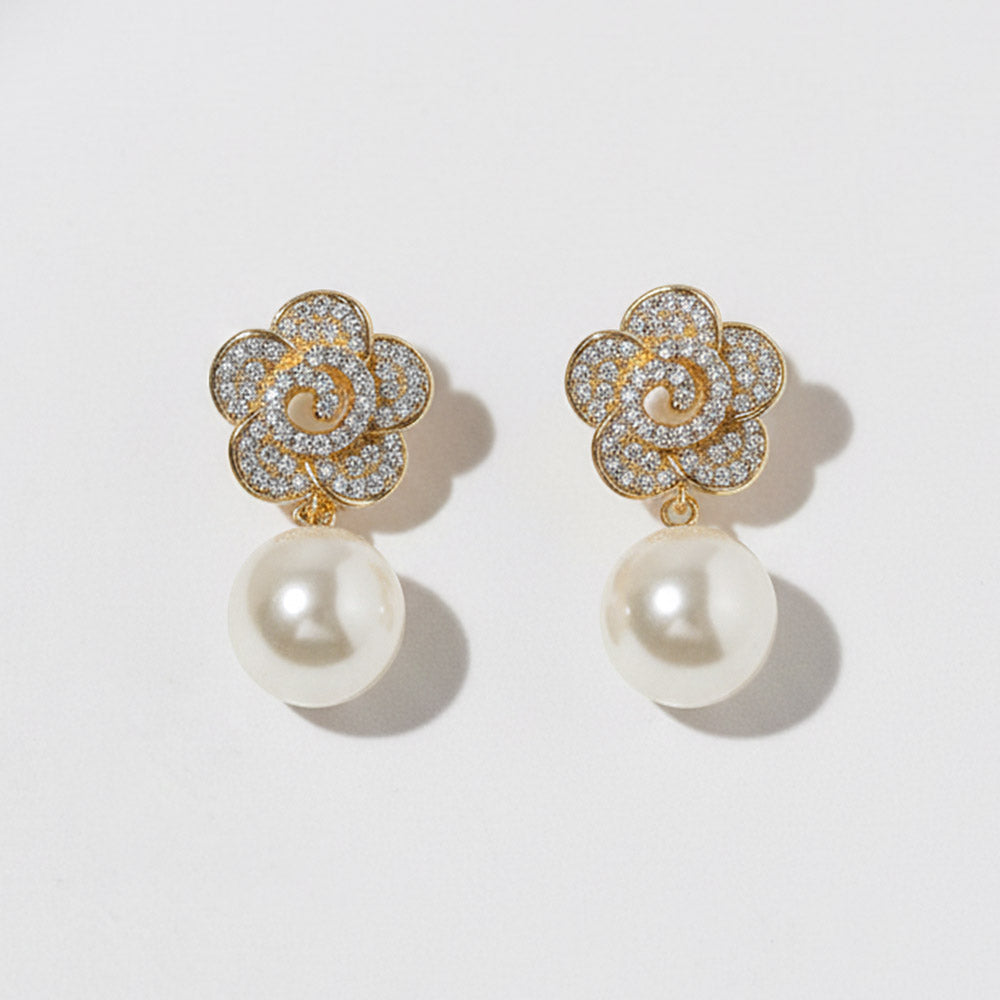 Madeline Love Cream, Gold Gold Dipped CZ Pave Flower Pearl Drop Earrings