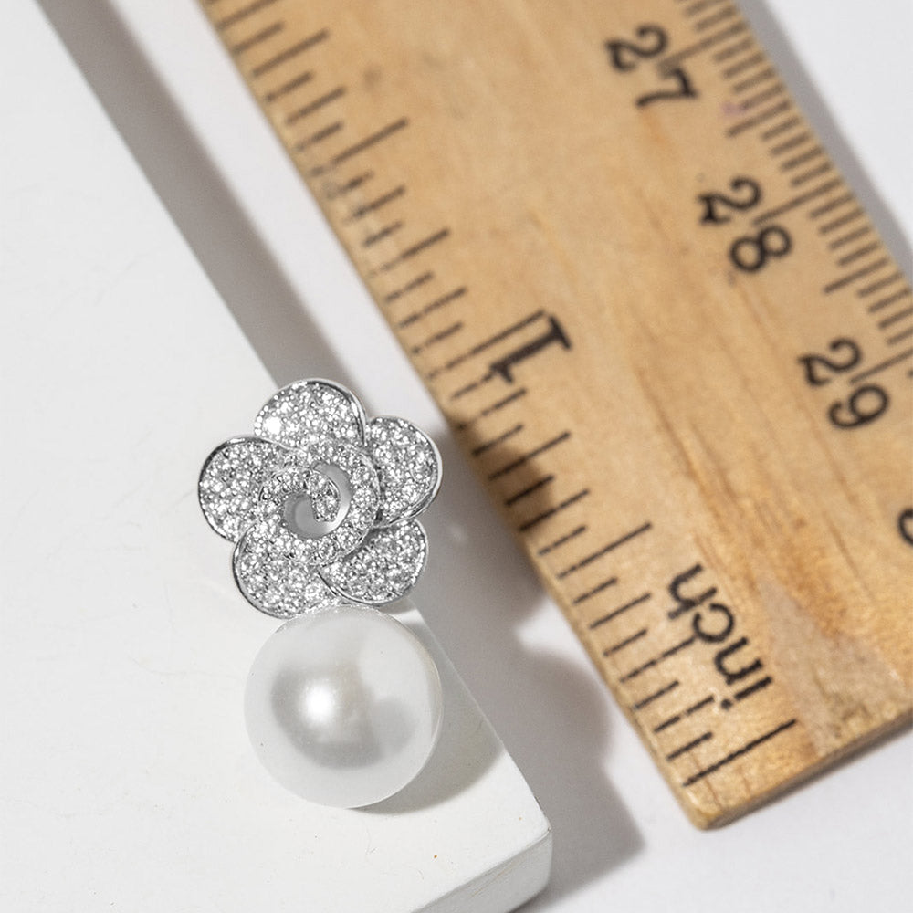 Madeline Love Rhodium, White White Gold Dipped CZ Pave Flower Pearl Drop Earrings - extra