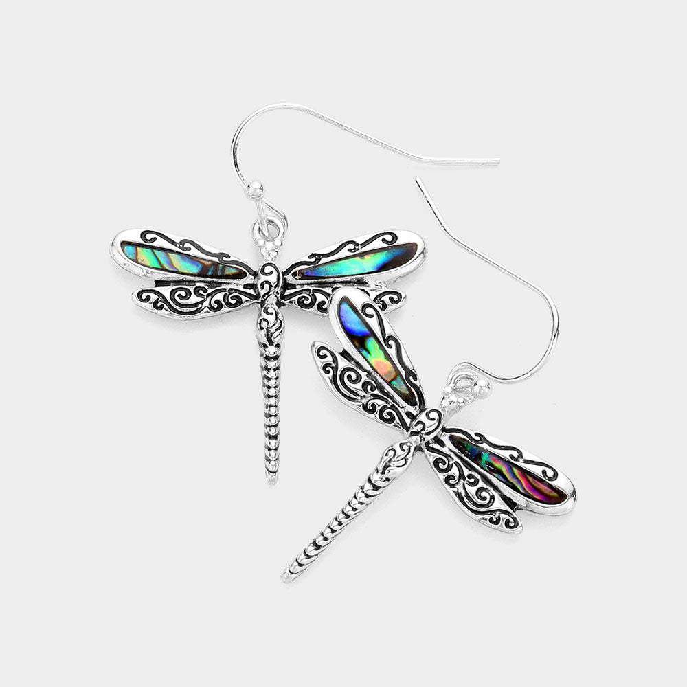 Madeline Love Abalone, Antique Silver Antique Metal Abalone Dragonfly Dangle Earrings