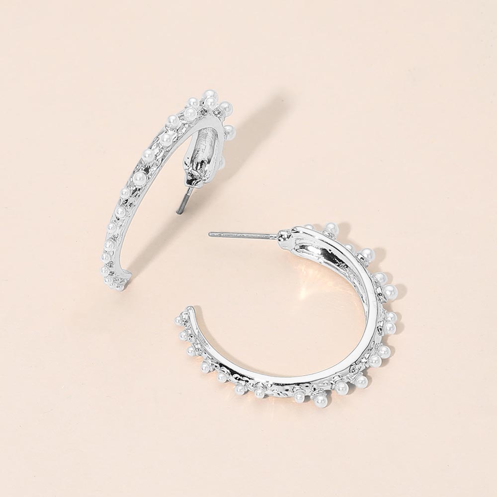 Madeline Love Rhodium Pearl Around Textured Hoop Earrings