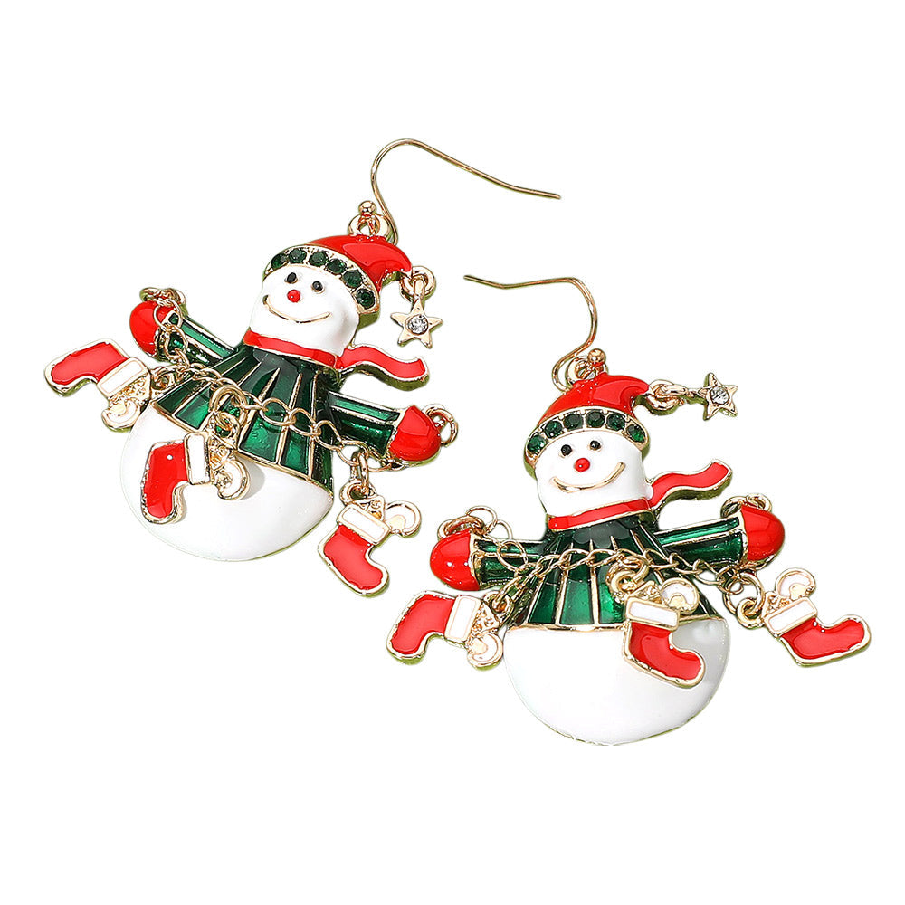 Gold Multi, Whimsical Christmas Socks Snowman Dangle Earrings