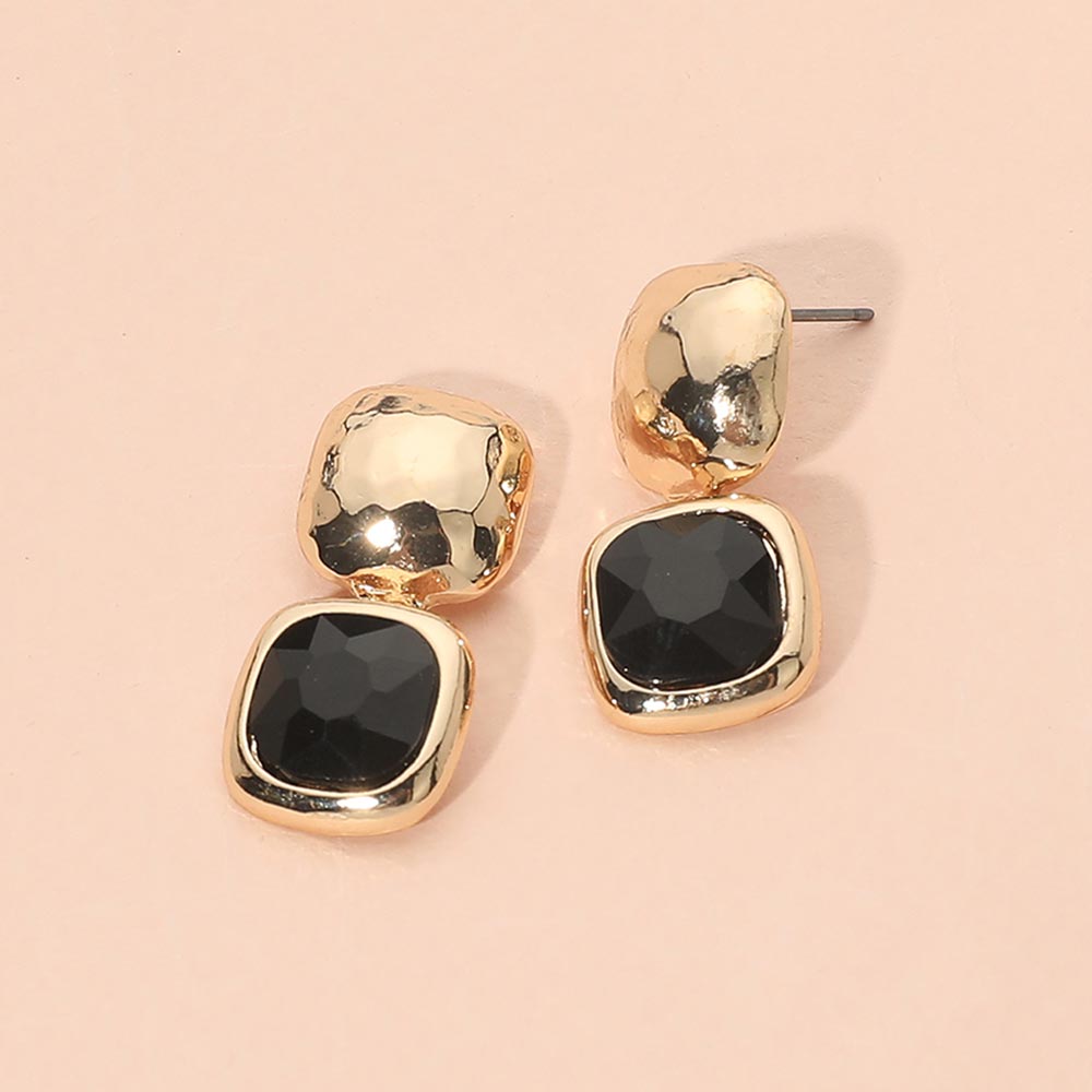 Madeline Love Gold, Jet Black Geometric Square Stone Drop Earrings
