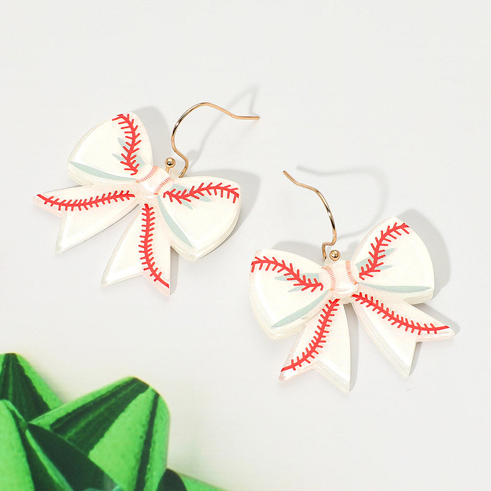 Red, White Resin Baseball Bow Dangle Earrings
