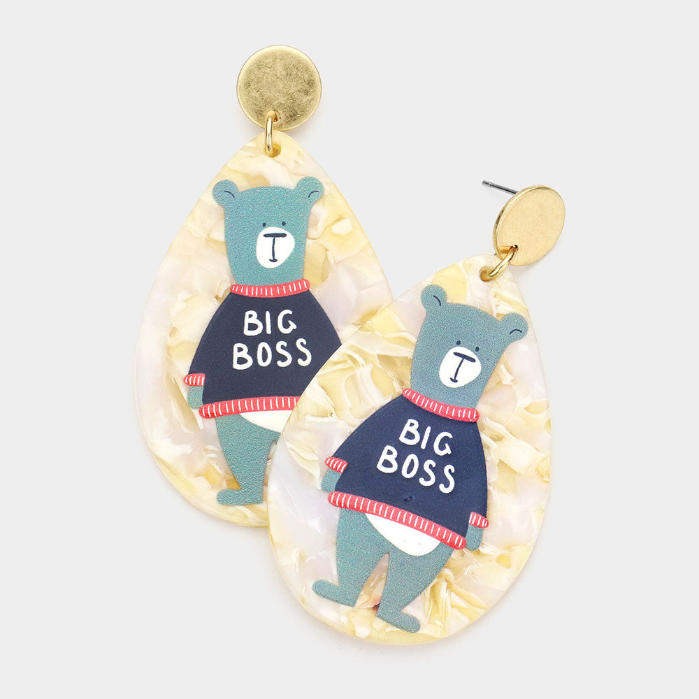 Madeline Love Ivory Bear Accented Celluloid Acetate Teardrop Dangle Earrings