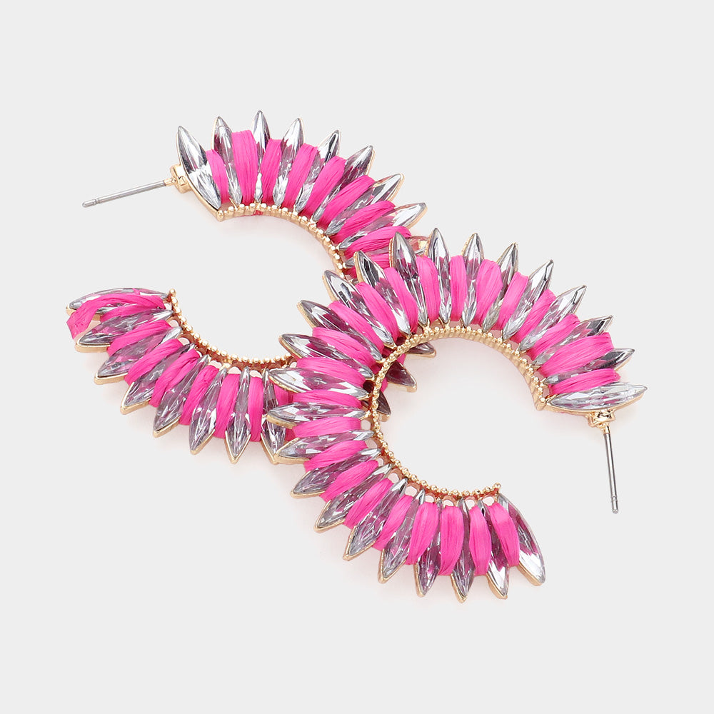 Madeline Love Fuchsia, Gold Raffia Wrapped Marquise Stone Cluster Hoop Earrings