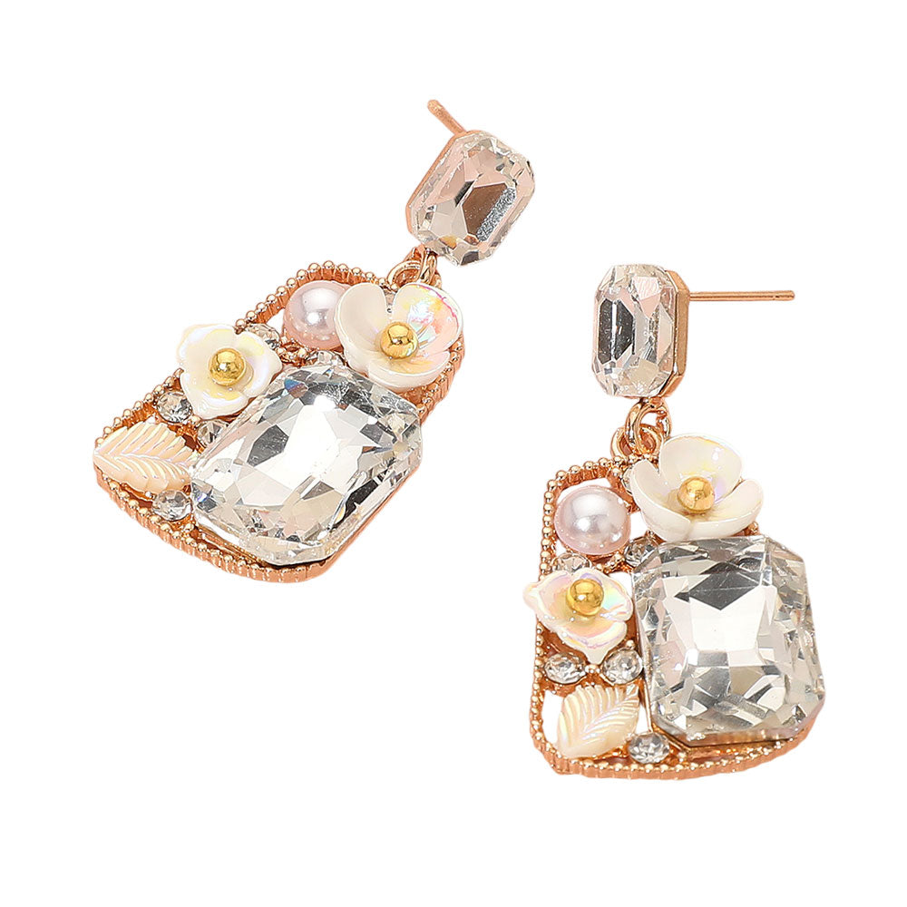 Madeline Love Clear, Cream, Gold Floral Stone Pearl Leaf Accent Frame Dangle Earrings - desc