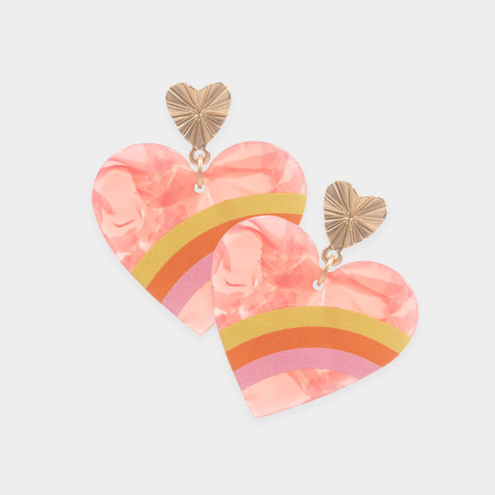 Three Tone Pointed Celluloid Acetate Heart Dangle Earrings - Red - Earrings