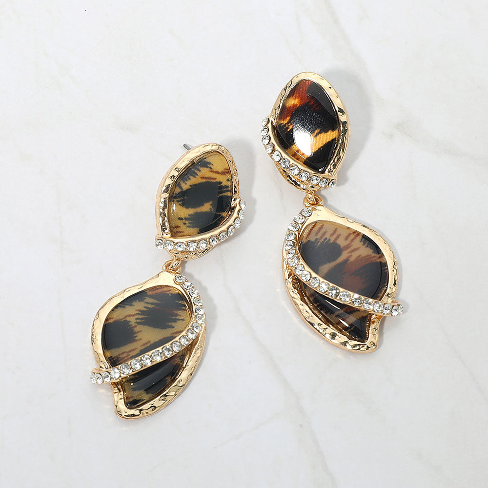 Madeline Love Gold, Leopard Rhinestone Pave Accent Abstract Drop Earrings