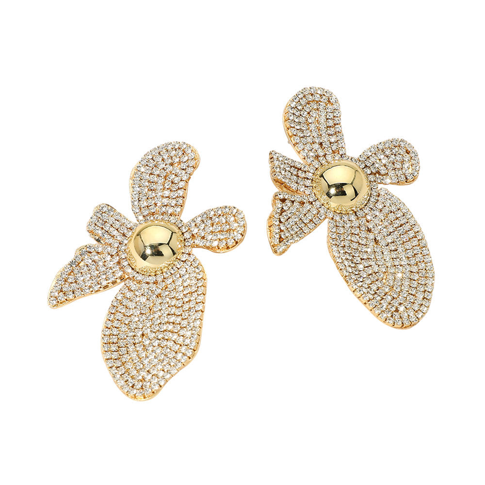Madeline Love Clear, Gold Rhinestone Pave Flower Statement Earrings - desc