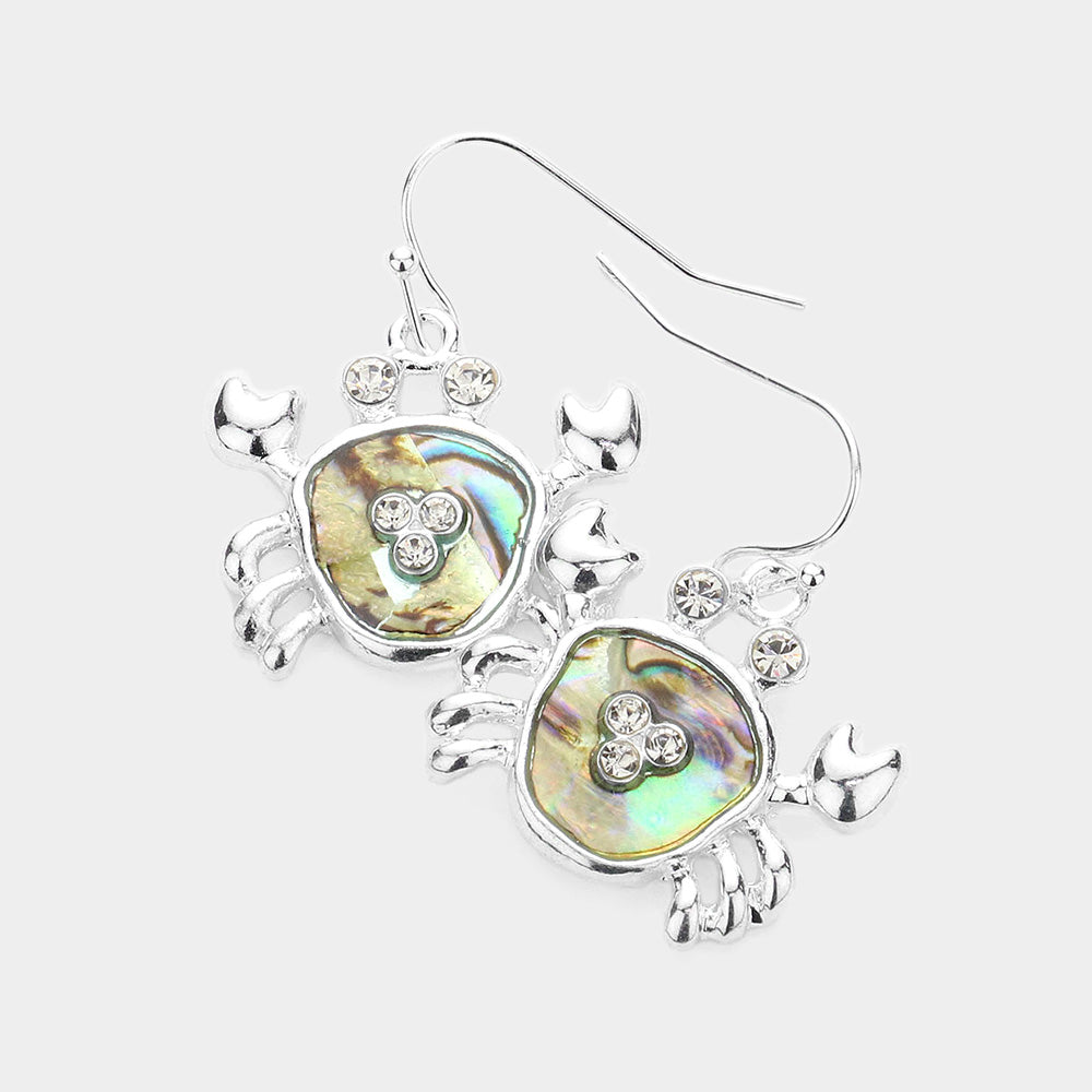 Abalone, Silver Rhinestone Embellished Abalone Crab Dangle Earrings