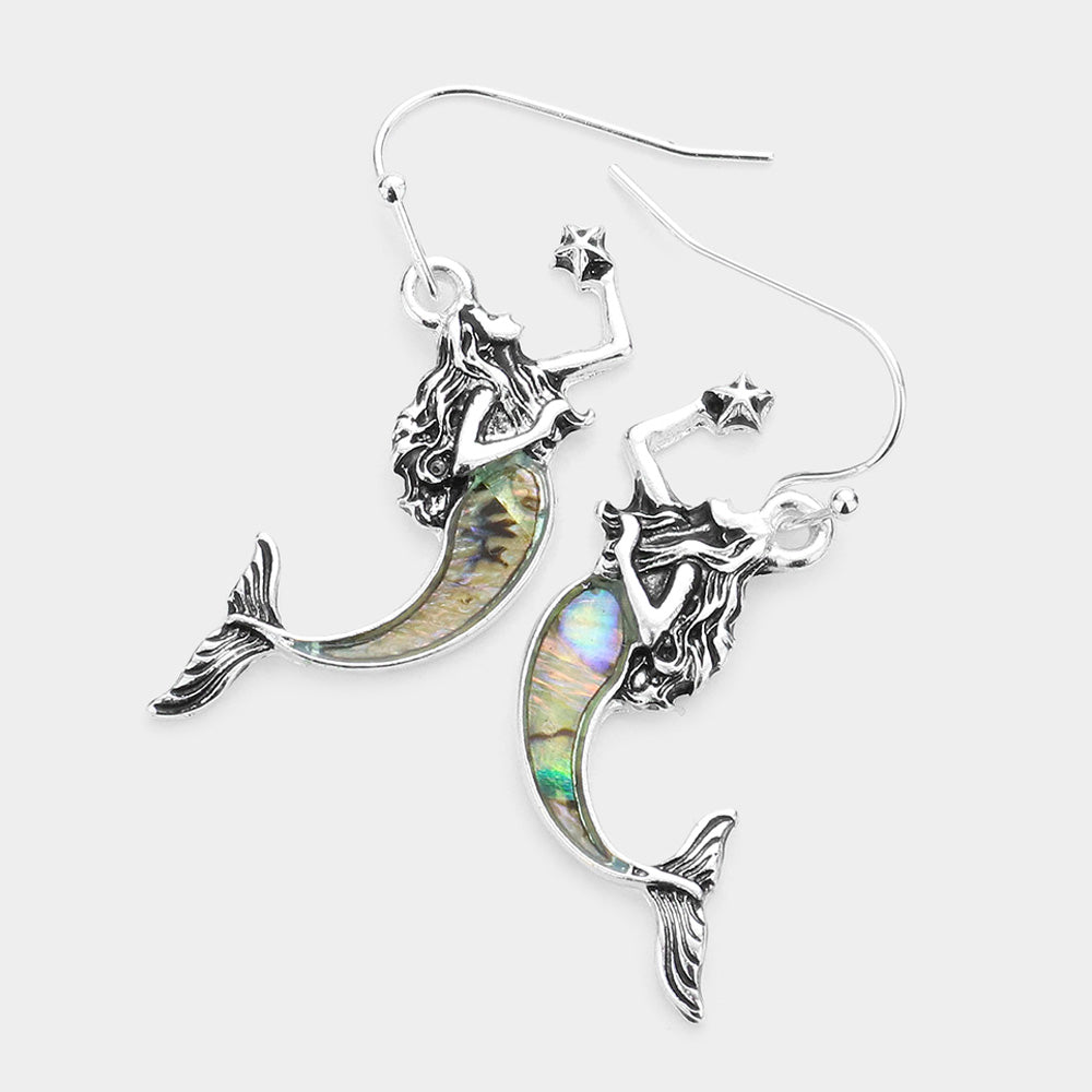 Abalone, Antique Silver Abalone Mermaid Dangle Earrings