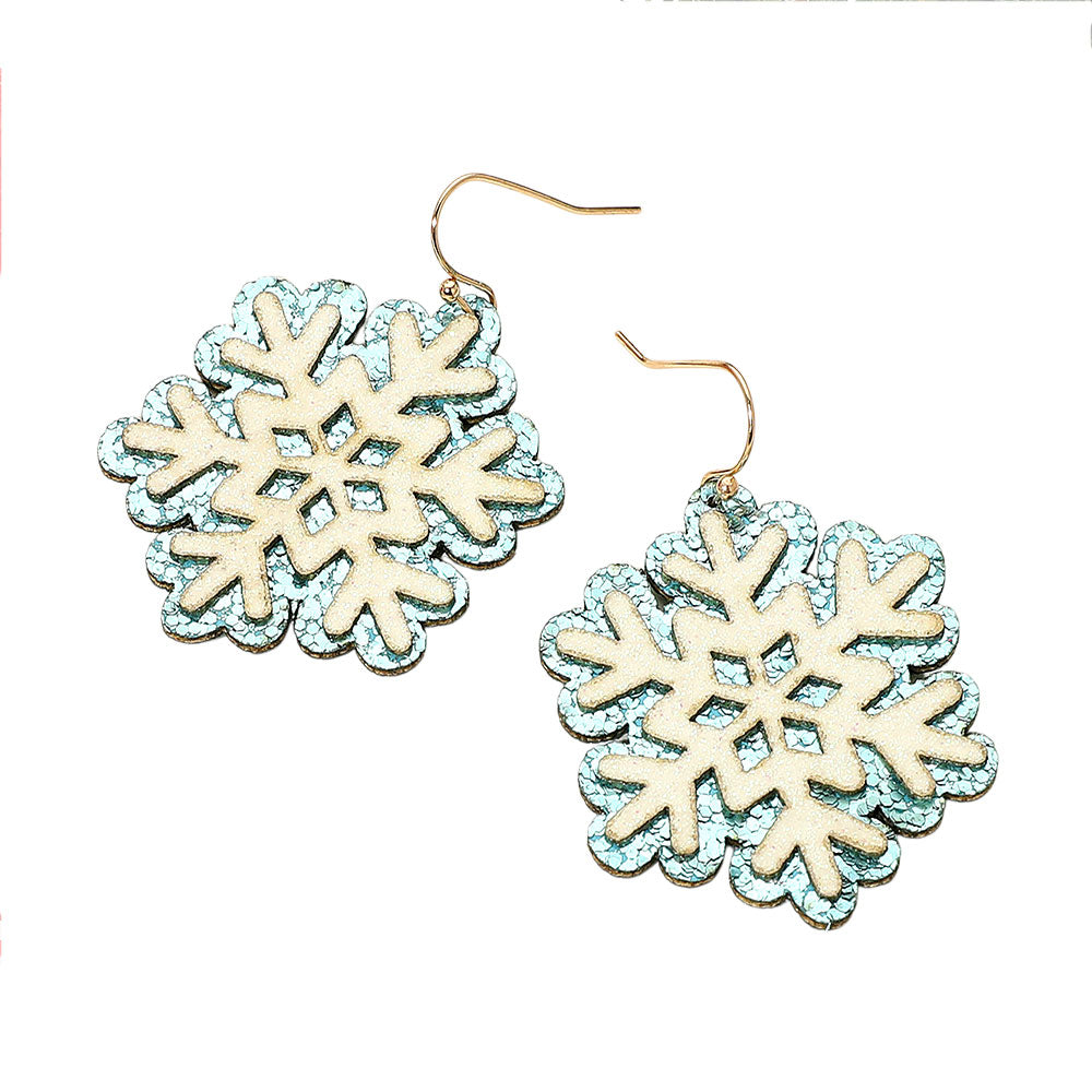 Light Blue Christmas Glittered Snowflake Dangle Earrings