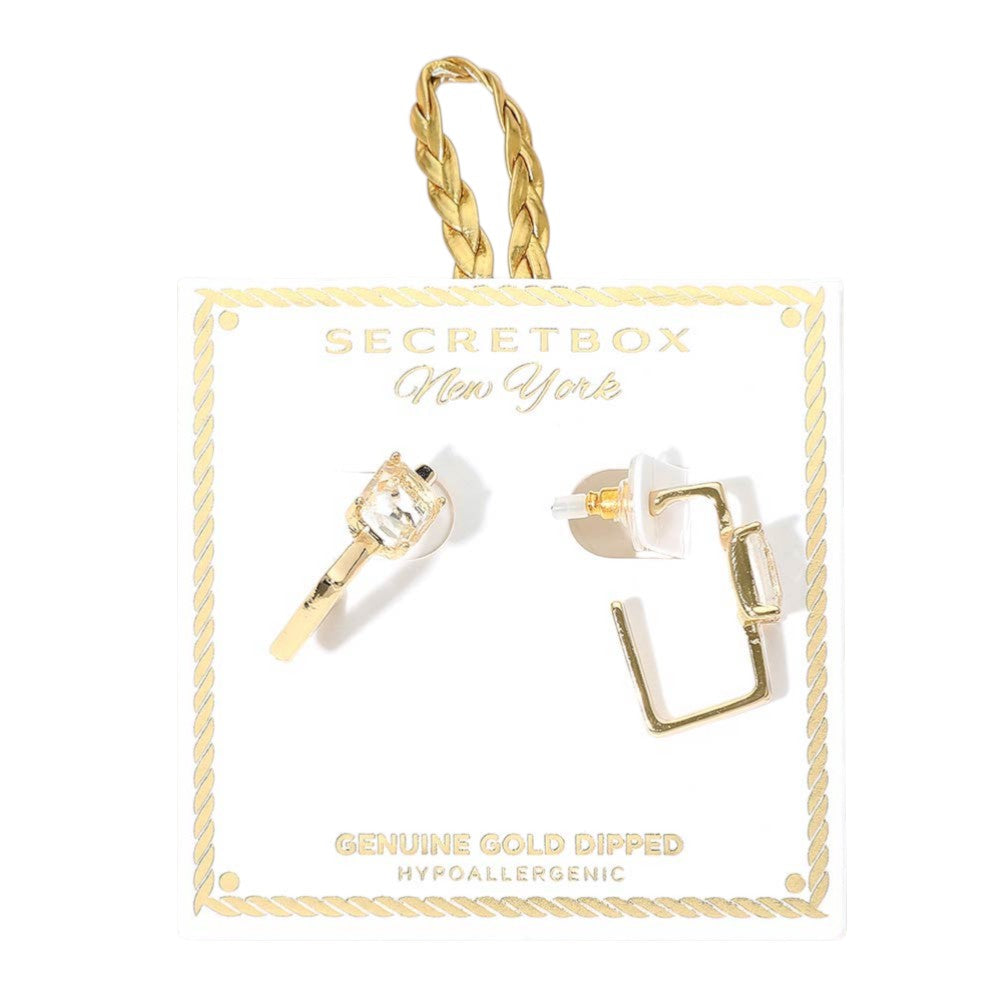 Madeline Love Gold SECRET BOX_Genuine Gold Dipped Emerald Cut Stone Cluster Accent Square Hoop Earrings - extra