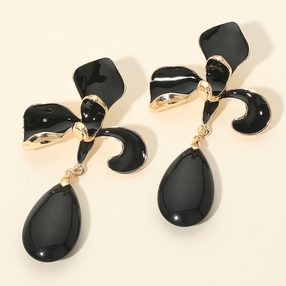 Madeline Love Black, Gold Enamel Bow Teardrop Link Statement Earrings