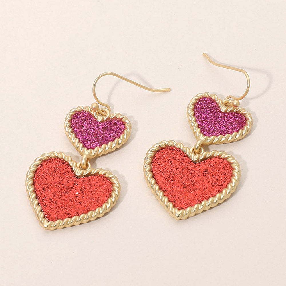 Madeline Love Multi, Red Glitter Double Heart Link Drop Dangle Earrings