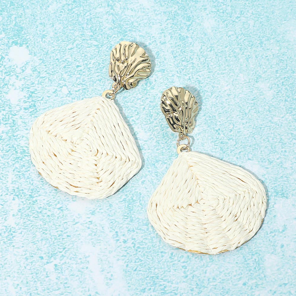 Madeline Love White Raffia Wrapped Shell Drop Statement Earrings