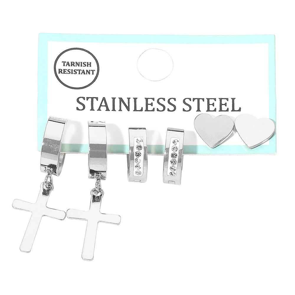 Madeline Love Clear, Rhodium 3Pairs - Stainless Steel Cross Drop Dangle Rhinestone Line Huggie Mini Hoop Heart Stud Earring Set - Earrings - desc