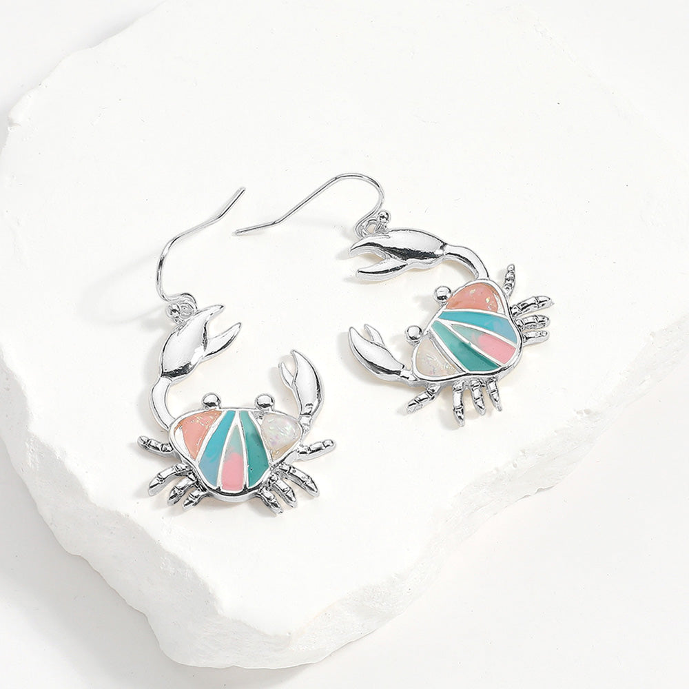 Antique Silver, Multi Sea Glass Crab Dangle Earrings