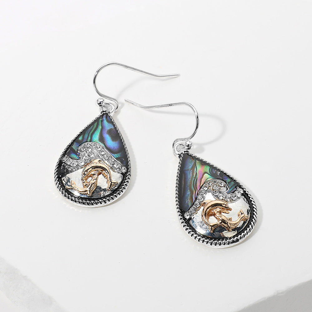 Abalone, Antique Silver, Two Tone Two Tone Flip Flop Abalone Stone Paved Wave Teardrop Dangle Earrings