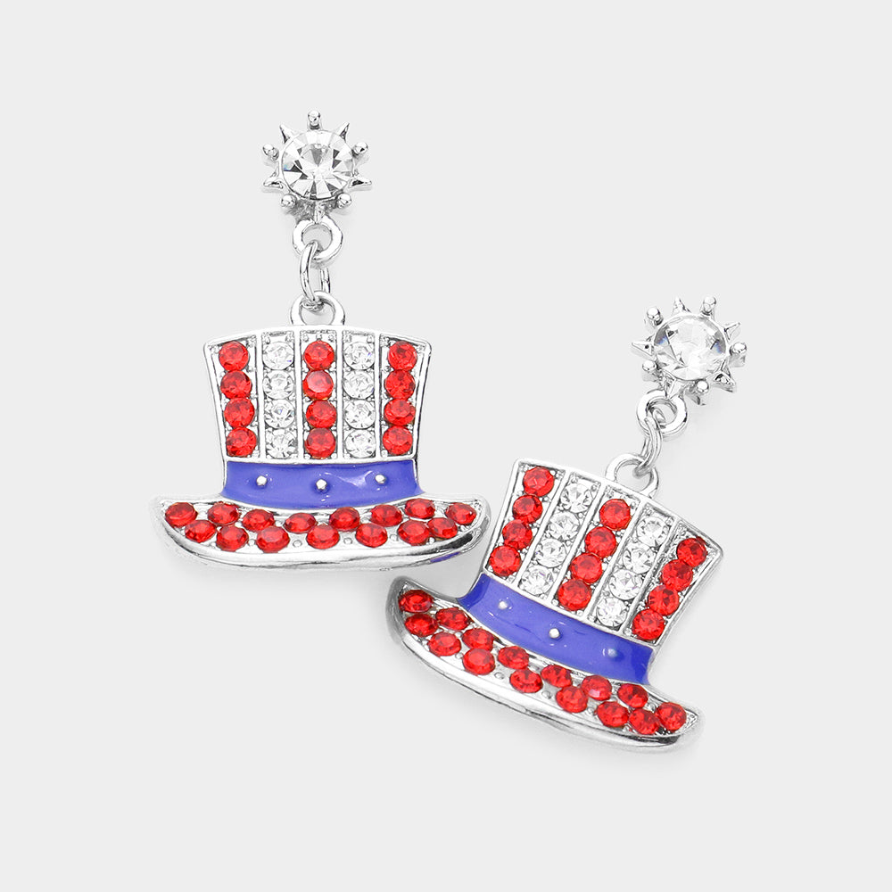 Madeline Love Multi American USA Flag Rhinestone Hat Dangle Earrings